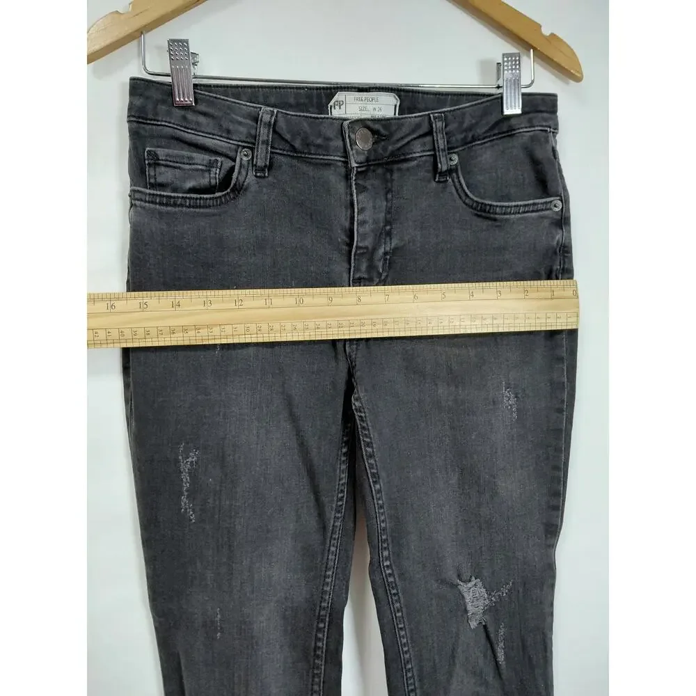 Free People Dark Wash Distressed Raw Hem Stretch Denim Jeans Women Size 26